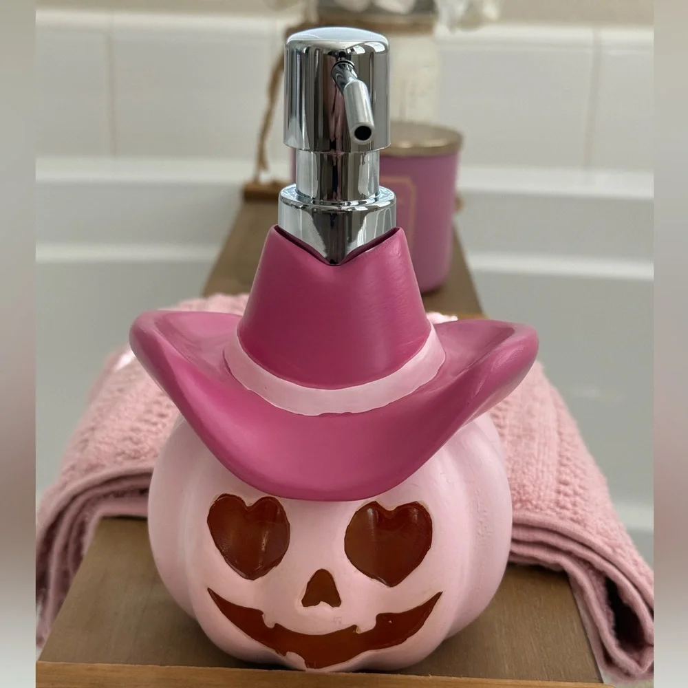 Pink Cowboy Hat Jack-O-Lantern Soap Dispenser Halloween Pumpkin Decor Heart Eyes